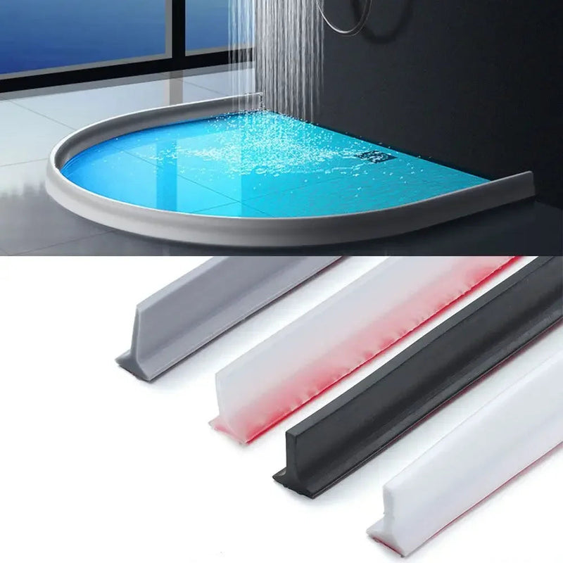 Barreira de água de silicone autoadesiva para box de banheiro, flexível e impermeável, disponível em diferentes cores e tamanhos.