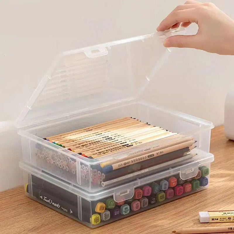 Caixa organizadora acrílica transparente com tampa, ideal para organizar materiais escolares, maquiagem, documentos, alimentos e objetos diversos.