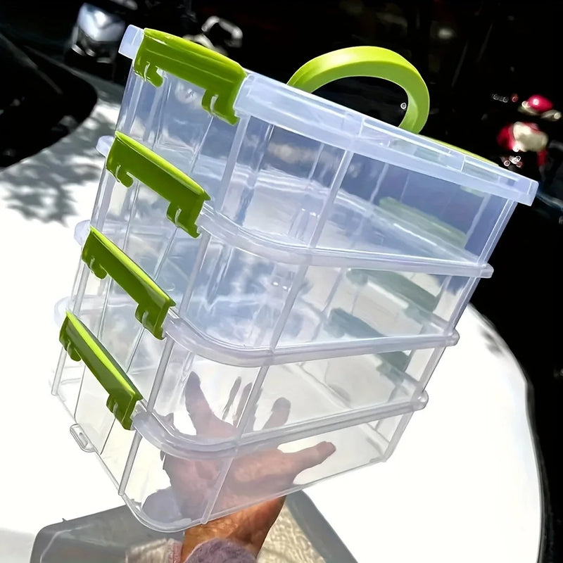 Caixa organizadora transparente com 4 gavetas e alça verde, ideal para armazenar maquiagem, acessórios, ferramentas, materiais de artesanato e pequenos objetos.