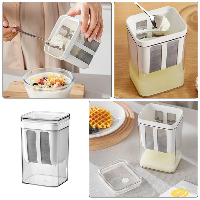 Coador para iogurte grego com filtro em aço inoxidável e recipiente transparente para separar o soro do leite e preparar iogurte artesanal.