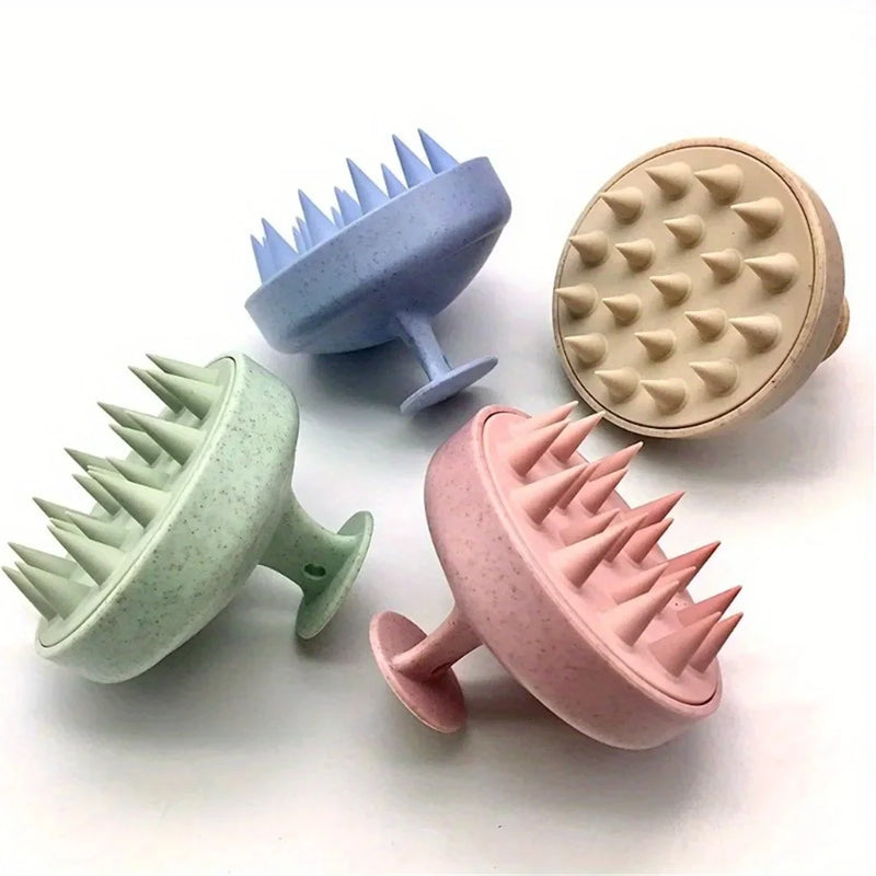 Escova massageadora de silicone para couro cabeludo e massagem corporal disponível em diversas cores, ideal para potencializar a lavagem dos cabelos durante o banho.
