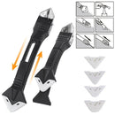 Espátula multifuncional 5 em 1 para remover, aplicar e dar acabamento em silicone e rejunte, acompanhada de pontas para diferentes tipos de vedação.