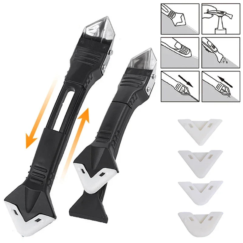 Espátula multifuncional 5 em 1 para remover, aplicar e dar acabamento em silicone e rejunte, acompanhada de pontas para diferentes tipos de vedação.