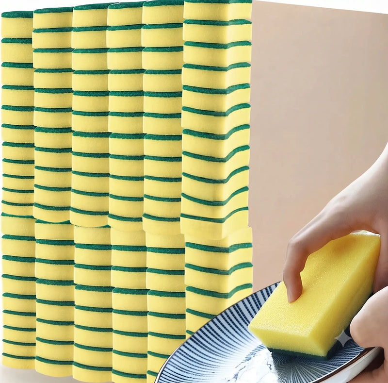 Kit de esponjas de limpeza multiuso com dupla face, ideal para lavar louças, panelas e remover gordura com eficiência.