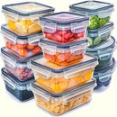 Kit com 8 potes herméticos transparentes empilháveis para organizar alimentos na geladeira e despensa, com tampas de vedação e travas de segurança.