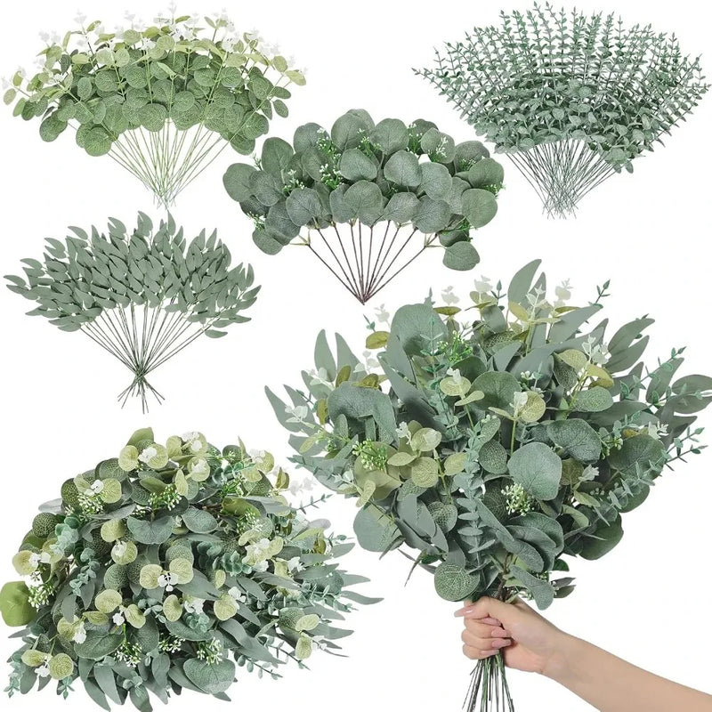 Kit com 20 hastes de folhagens artificiais de eucalipto em diferentes modelos para arranjos e decoração.
