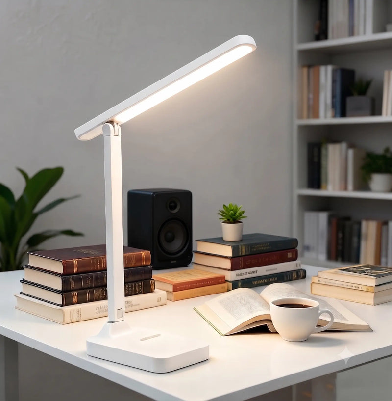 Luminária de mesa LED dobrável com ajuste de brilho, ideal para estudos, leitura, escritório e home office.