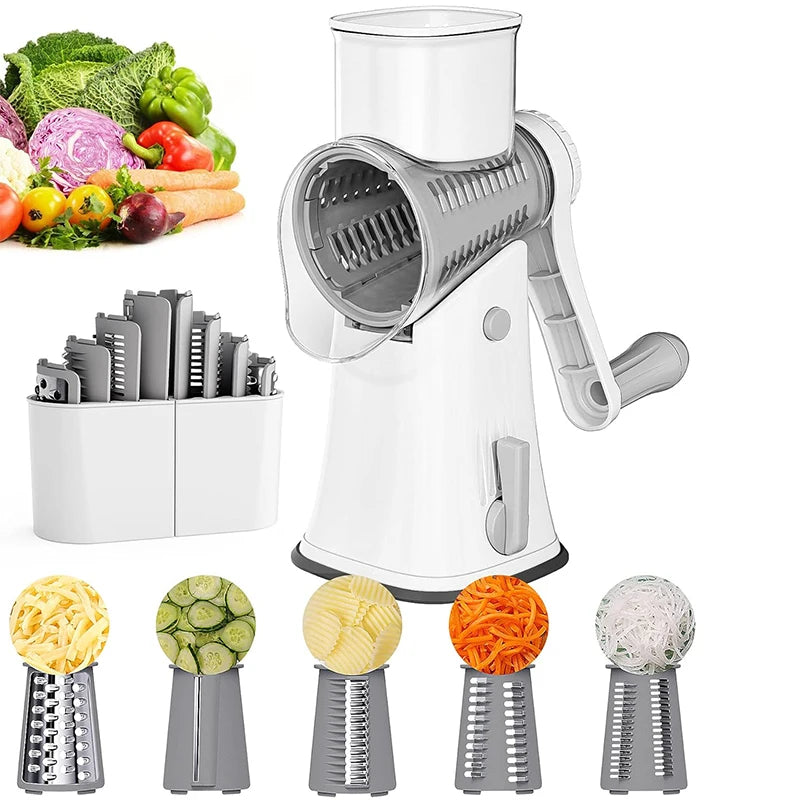 Ralador multifuncional 5 em 1 com manivela e lâminas intercambiáveis para cortar, fatiar e triturar legumes, verduras, queijos e alimentos de forma rápida e segura.