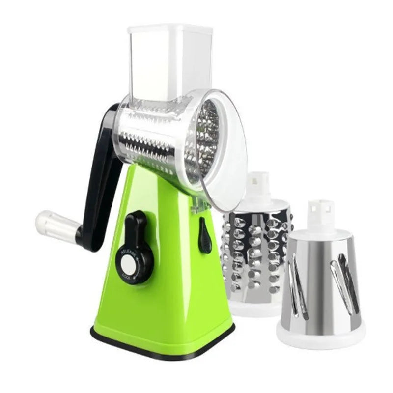 Ralador rotativo manual multifuncional com três lâminas intercambiáveis e base com ventosa para ralar, fatiar e triturar alimentos.
