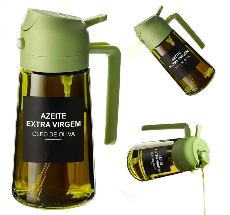 Spray de azeite e óleo 2 em 1 de vidro 470ml na cor verde, ideal para borrifar ou despejar óleo com controle de dosagem em receitas, saladas e air fryer.